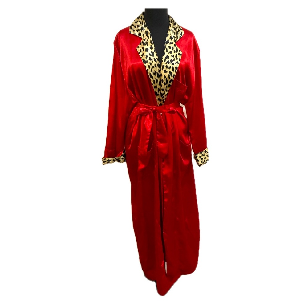 Vintage Cacique Red Leopard Trim Satin Robe
